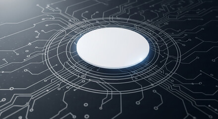 White circle platform on dark circuit board background, showcasing technological advancement and innovation, ideal for technology or digital product display