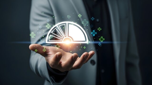 Businessman presenting a glowing digital pie chart in his hand - Powered by Adobe