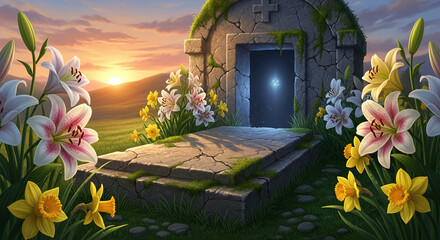 Stone mausoleum entrance with a cross on top, surrounded by lily and daffodil, depicting a gateway to another world and transition, serenity, hope