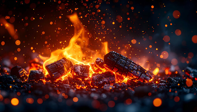 Campfire embers and flying sparks, dark background, frozen motion, rich warm tones, fire texture.