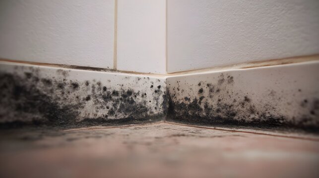 Close up of significant black mold contamination spreading along the base of white wall tiles and the floor surface in an interior corner signifying dampness and poor sanitation