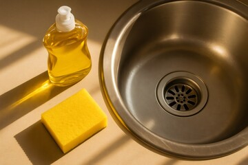 Kitchen sink essentials with dish soap dispenser bottle and cleaning sponge on countertop under strong light