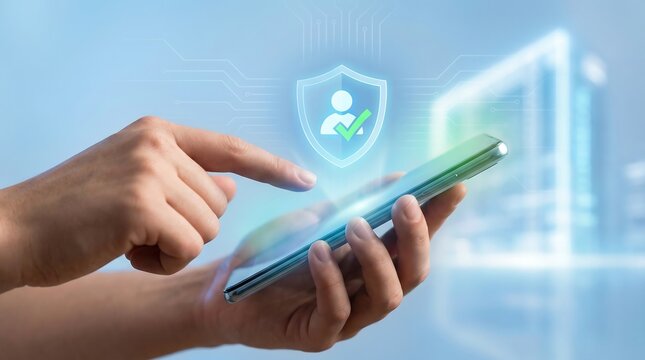 Person holding smartphone with secure login verification on screen with shield icon and checkmark 