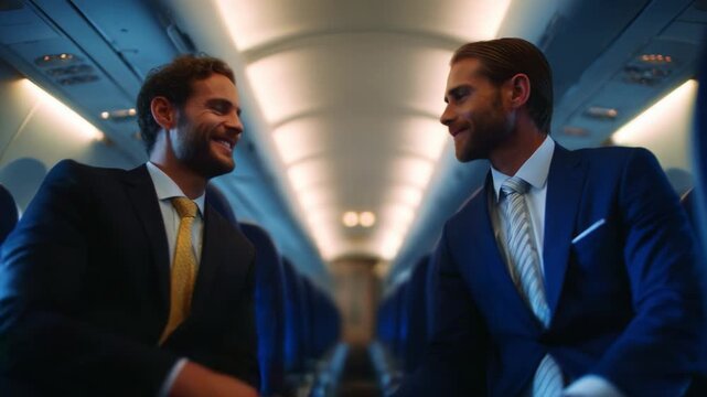 Two business professionals engage in a warm handshake inside an airplane cabin, showcasing a moment of connection and mutual respect while dressed in formal attire, reflecting their successful