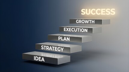 Conceptual metallic staircase representing business progression from initial idea to ultimate success and growth