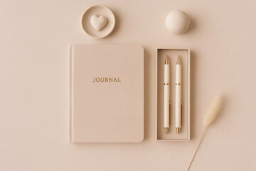 Minimalist journal and pen set laying on a pastel background among aesthetic desk objects. Clean flat lay concept