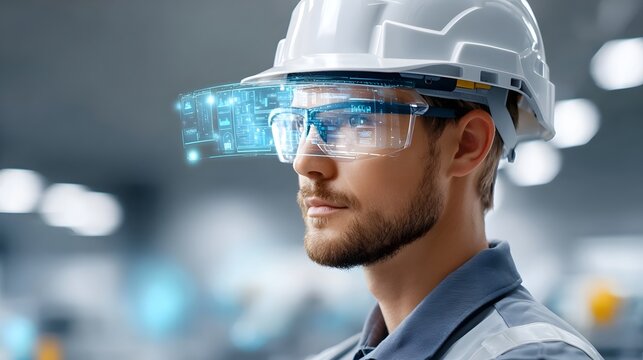 Professional worker in hard hat and glasses with holographic digital display overlay symbolizing advanced technology in industry and innovation