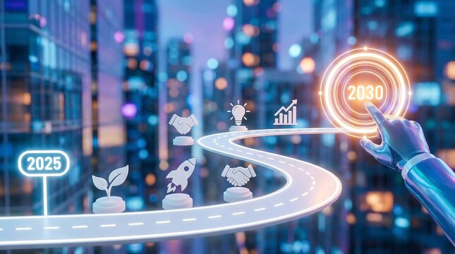 Futuristic cityscape with robotic hand guiding a glowing road to 2030 with icons representing innovation and growth on a path from 2025 to a futuristic future