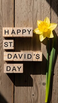 Wooden blocks spelling Happy St Davids Day with yellow daffodil on wooden background