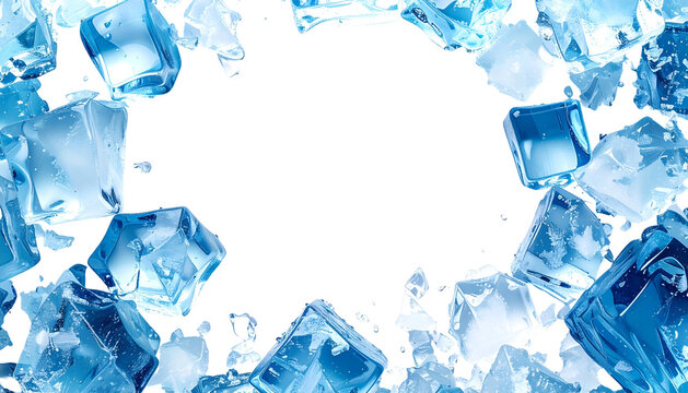 Cubed ice forms a border framing a black void, showcasing cool transparency