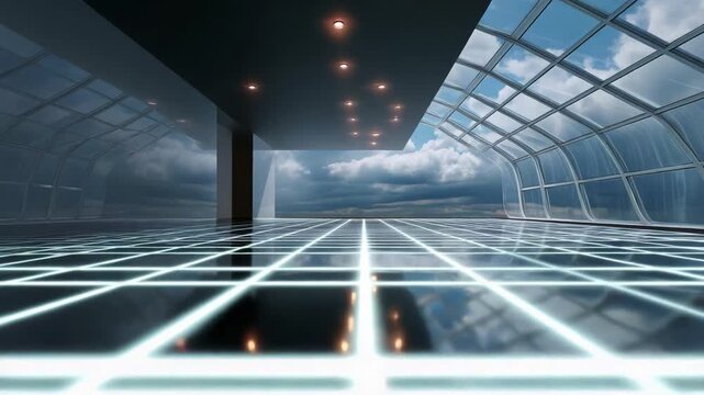A Futuristic Interior Featuring Sleek Glass Walls and an Illuminated Grid Floor, Bathed in Natural Light and Enhancing the Sense of Open Space and Modern Design Aesthetic