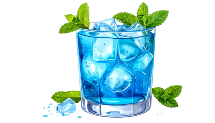 A vibrant blue drink, overflowing with ice cubes, garnished with fresh mint