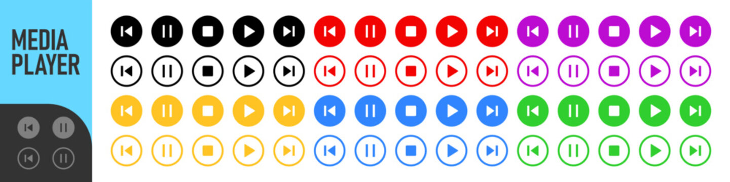 Play icon button. Pause icon. next icon. back previous icon - Web icons set , media player, video streaming app icons collection. Color icon set. Vector illustration