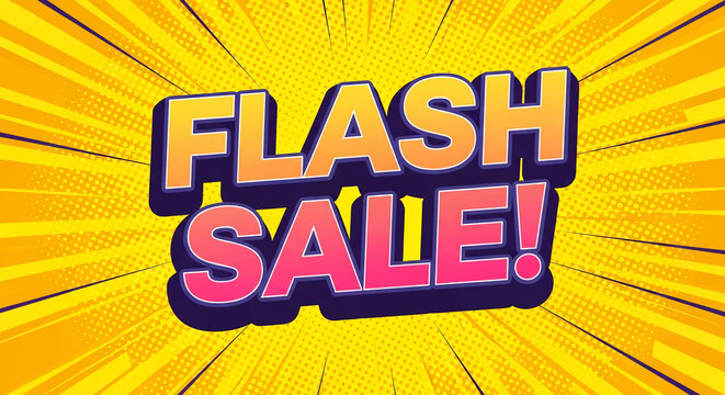 Yellow background with radiating lines and dots, showcasing "FLASH SALE!" in stylized 3D lettering, ideal for advertising or promotional banner