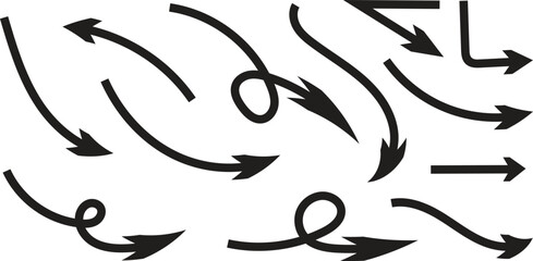 A versatile collection of black hand-drawn style arrows indicating various directions and movements Vector set