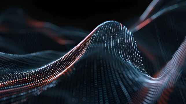 Abstract digital waveform landscape with glowing data points and flowing particle motion
