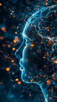 Artificial Intelligence AI human face formed by glowing neural network and data connections