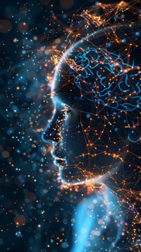 Abstract AI human face formed by glowing neural network and data connections