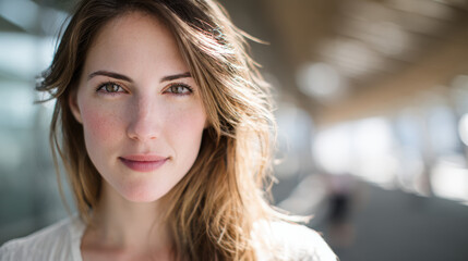 Fototapeta premium Natural light portrait of a woman with freckles and calm, confident expression.