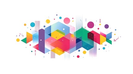 Fototapeta premium Modern digital illust n featuring overlapping geometric polygons in vibrant gradient colors scattered dots and clean lines symbolizing creativity and design on a white backdrop