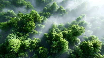 Breathtaking overhead view of a dense vibrant green rainforest canopy enveloped in atmospheric mist with luminous sunbeams filtering through