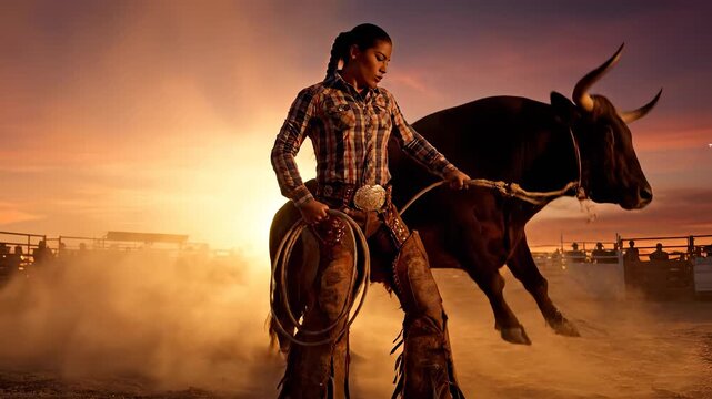 Woman roping bull at sunset. Cowgirl handles lasso and reins on horseback. Rodeo roping action shows western skill and grit. Dust swirls in golden light. Athletic control and rugged outdoor mood vibe.