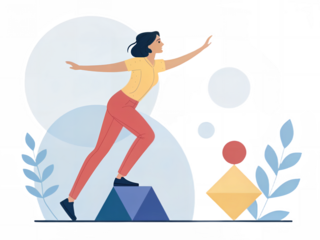 Female figure balancing abstract shapes, concept PNG
