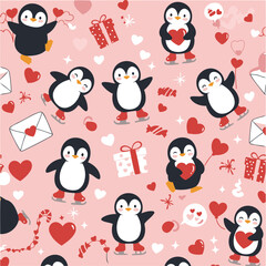 Fototapeta premium Cute penguin characters skating on a Valentine's Day themed background. Adorable penguins in various poses and holding hearts, gifts, and candy.