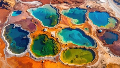Colorful Hot Springs: An aerial shot captures an intricate array of colorful hot springs, showcasing nature's artistry with vibrant hues, creating a mesmerizing display of natural beauty.