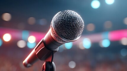 A professional microphone is positioned on a stage stand set against a backdrop of softly blurred vibrant lights suggesting a live event or concert