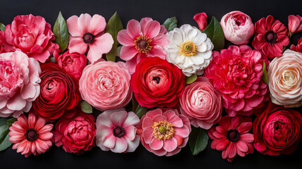 Opulent, close-up arrangement of diverse blooming flowers in vibrant shades of pink, red, and white, artfully displayed against stark black background, evoking sense of natural beauty and elegance
