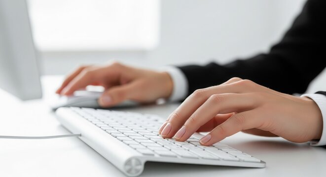 Typing at work: A person's hands are expertly navigating a computer keyboard, mouse, showing the efficiency and focus in a modern office setup.