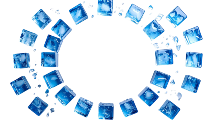 Blue ice cubes and droplets form a circular frame against a solid black background