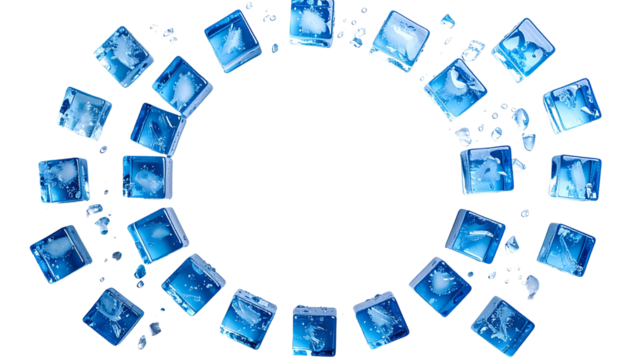 Blue ice cubes and droplets form a circular frame against a solid black background - Powered by Adobe