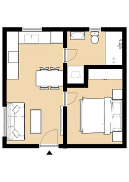 Unusual floor plan Black and white house floor plan, blueprint. House apartment with furniture. Floor plan of an apartment building
