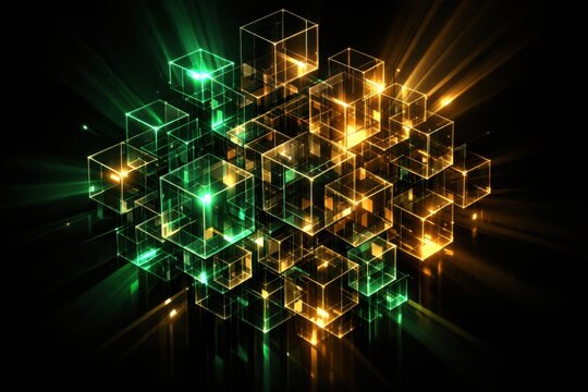 Abstract composition of glowing transparent cubes in gold and green colors forming a futuristic geometric structure, symbol of digital data, technology network and energy flow in 3D space.