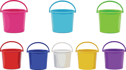 Colorful Plastic Buckets Set Vector Illustration Isolated on White Background for Household, Cleaning, and Kids Toy Design © Prodip