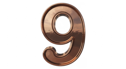 Shiny copper number nine metal digit isolated on a transparent background