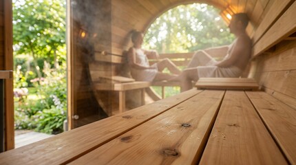 people relaxing in a bright wooden sauna