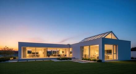 Obraz premium Modern Oasis: A contemporary residential architectural marvel, bathed in the twilight glow of dusk. Expansive windows frame the elegant interior, revealing a glimpse of the refined lifestyle within.