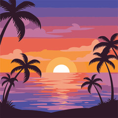 Fototapeta premium Tropical sunset beach scene with silhouette palm trees and colorful sky. Peaceful ambiance with golden sun reflecting on the water.