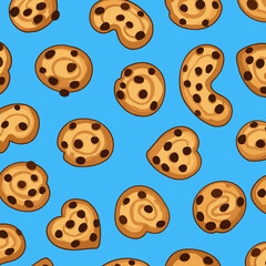Fototapeta premium Chocolate chip cookie pattern on a light blue background. Cute, cartoon-style cookies in various shapes displayed in a seamless pattern.