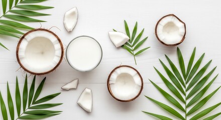 Fototapeta premium Tropical Delight: An overhead shot captures a vibrant assortment of fresh coconuts, coconut milk, and lush green leaves, perfectly arranged to evoke a sense of exotic freshness and natural goodness.