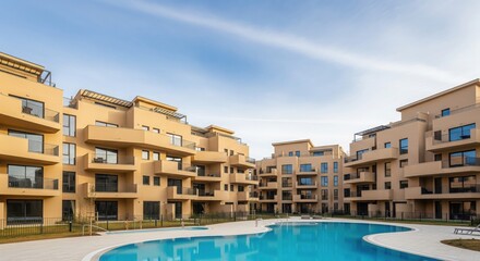 Luxury Living: An architectural masterpiece featuring a pristine swimming pool and modern residences, epitomizing upscale living and tranquility.