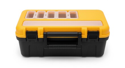 Toolbox Essentials: A close-up shot of a durable, sturdy toolbox, designed for efficient tool organization. The vibrant yellow and black accents add a touch of practicality.