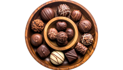 Assortment of gourmet chocolates in a wooden bowl, presented on a dark background