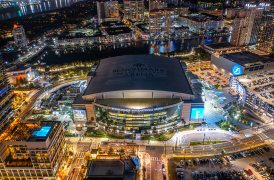 Benchmark International Arena in Downtown Tampa, Florida, USA - 01/15/2026: 

Aerial Night View of Benchmark International Arena.