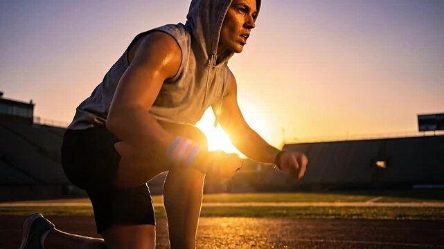 Athlete with Trans Sweatband Tying Shoes at Sunrise