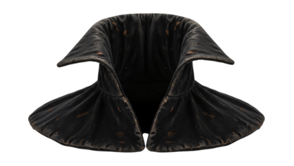 Black leather cloak with hood on it back and black hood back.