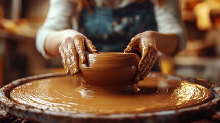 Mindful Clay Art Therapy Showing a Young Multiracial Woman Centering on Pottery Wheel, Finding Balance, Focus, and Emotional Calm in Modern Creative Studio Environment